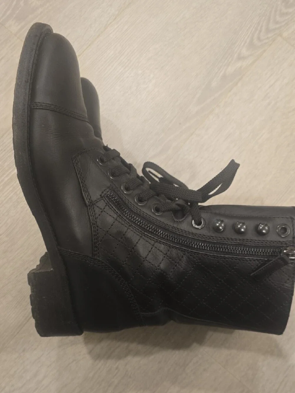 Chanel Black Leather Lace-Up Women's Combat Boots